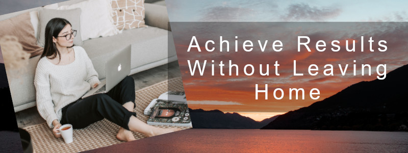 Image of a lady sitting comfortably on the floor with a laptop, with a second background  image showing a lake and hills, with the words "Achieve Hypnotherapy results  without leaving home".